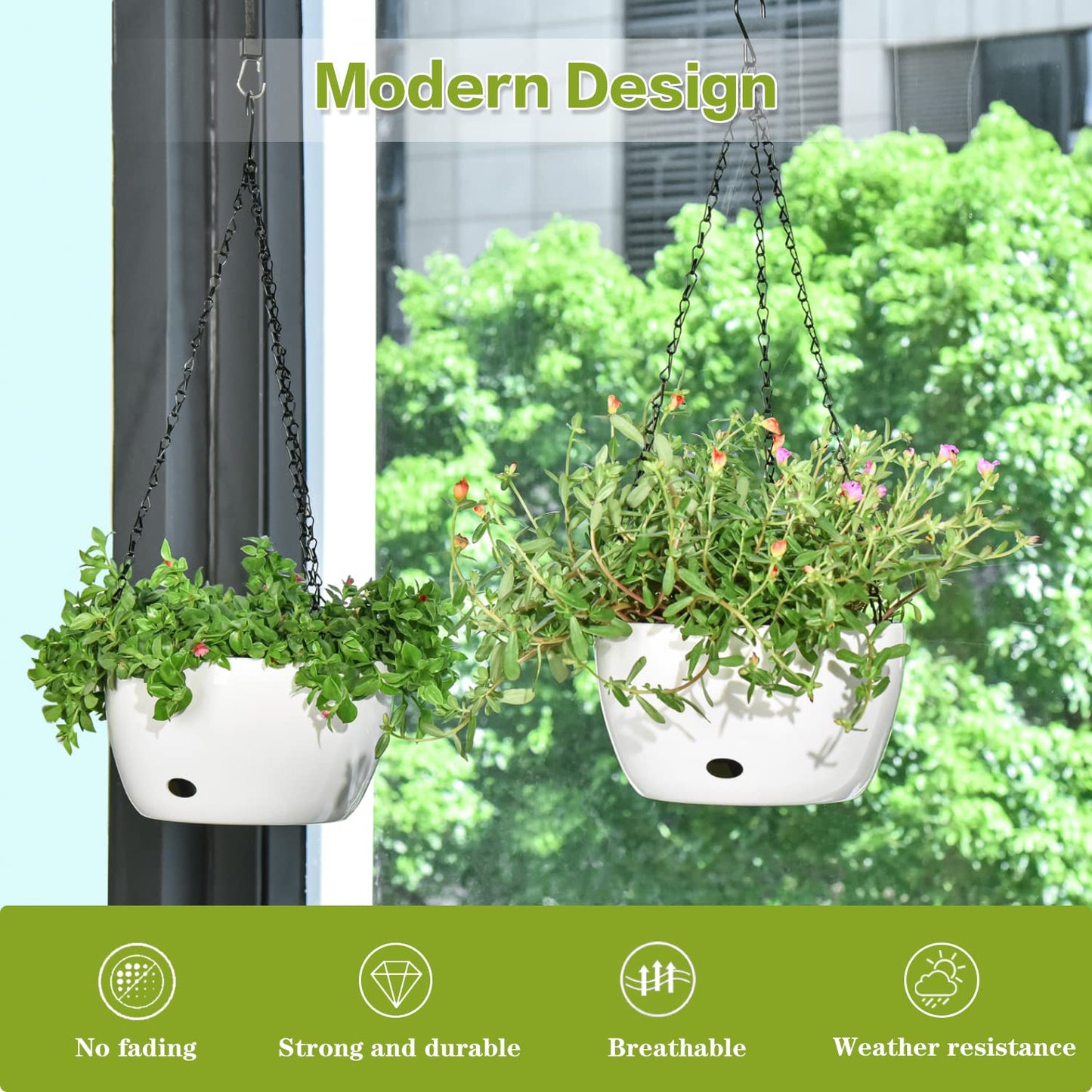Sungmor Self Watering Hanging Planter for Indoor Plants, 9.4" & 11.2" 2-PACK Large White Plastic Hanging Basket, Garden Flower Pots with Hanging & Standing Design, Thickened Sturdy Drainage Plant Pots