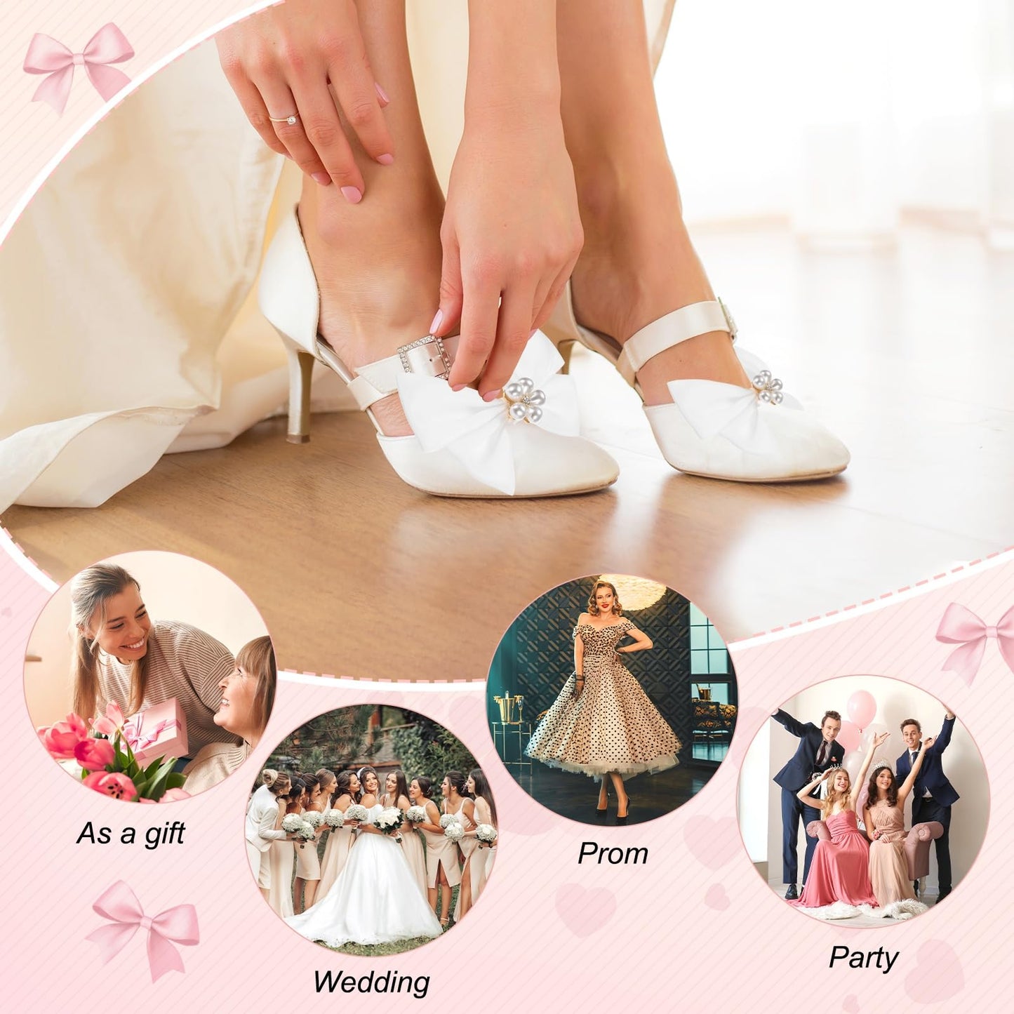 M METERXITY 2-Pack Bow Shoe Clips, Satin Elegant Detachable Shoe Buckle Bridal Bow Heels Accessories with Pearl Rhinestone for Wedding/Party/Prom, Cute Bowknot Heels Clip [Pure White]