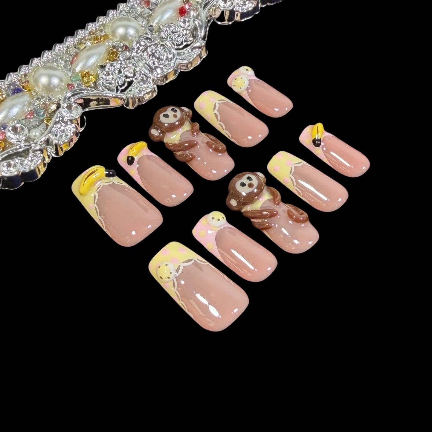 Handmade Press On Nails Cute Monkey 3D Cartoon Banana Lace Trim Medium/Short Square Acrylic False Nails Kawaii Polka Dot (L)