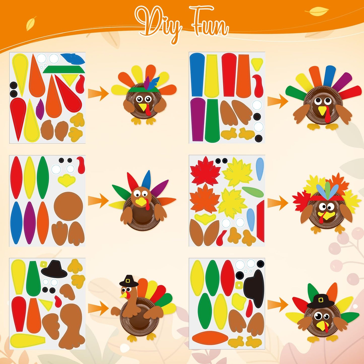 Cinrobiye 24 Sets Thanksgiving Turkey Craft Kits Fall Thanksgiving Ornaments Decorations Art Sets DIY Autumn Make a Turkey Crafts Stickers Arts and Crafts for Fall Party Classroom Activities (Cute)