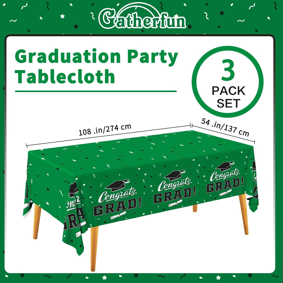 Graduation Party Decorations, Gongrats Grad Tablecover for Graduation Party Supplies, 3 pcs Green Table Cloths, 54"x108"