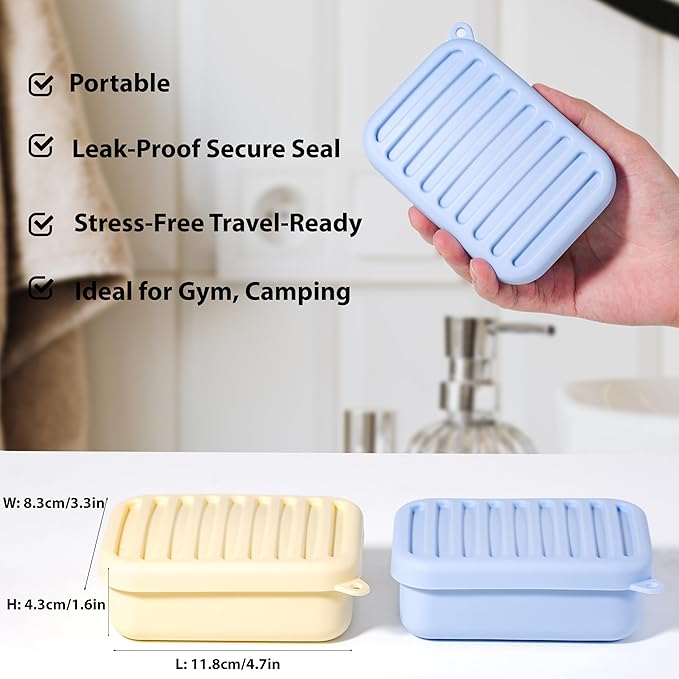 2PC Portable Leakproof Travel Soap Case, Silicone Travel Soap Case, Compact Soap Holder with Drainage Layer, Travel Soap Holder for Camping, Gym, Outdoor (Blue&Yellow)