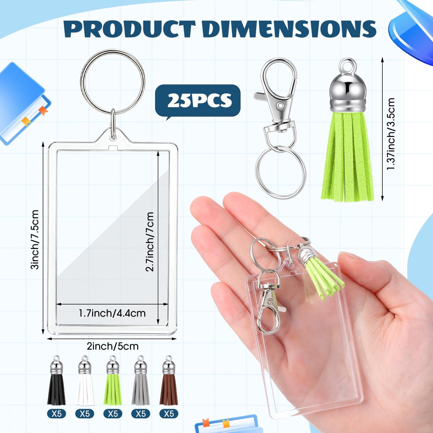 Chuangdi 25 Pack Large Acrylic Photo Keychains with Tassels 3x2.2 inch Custom Picture Frame Keyring for DIY Making Supplies