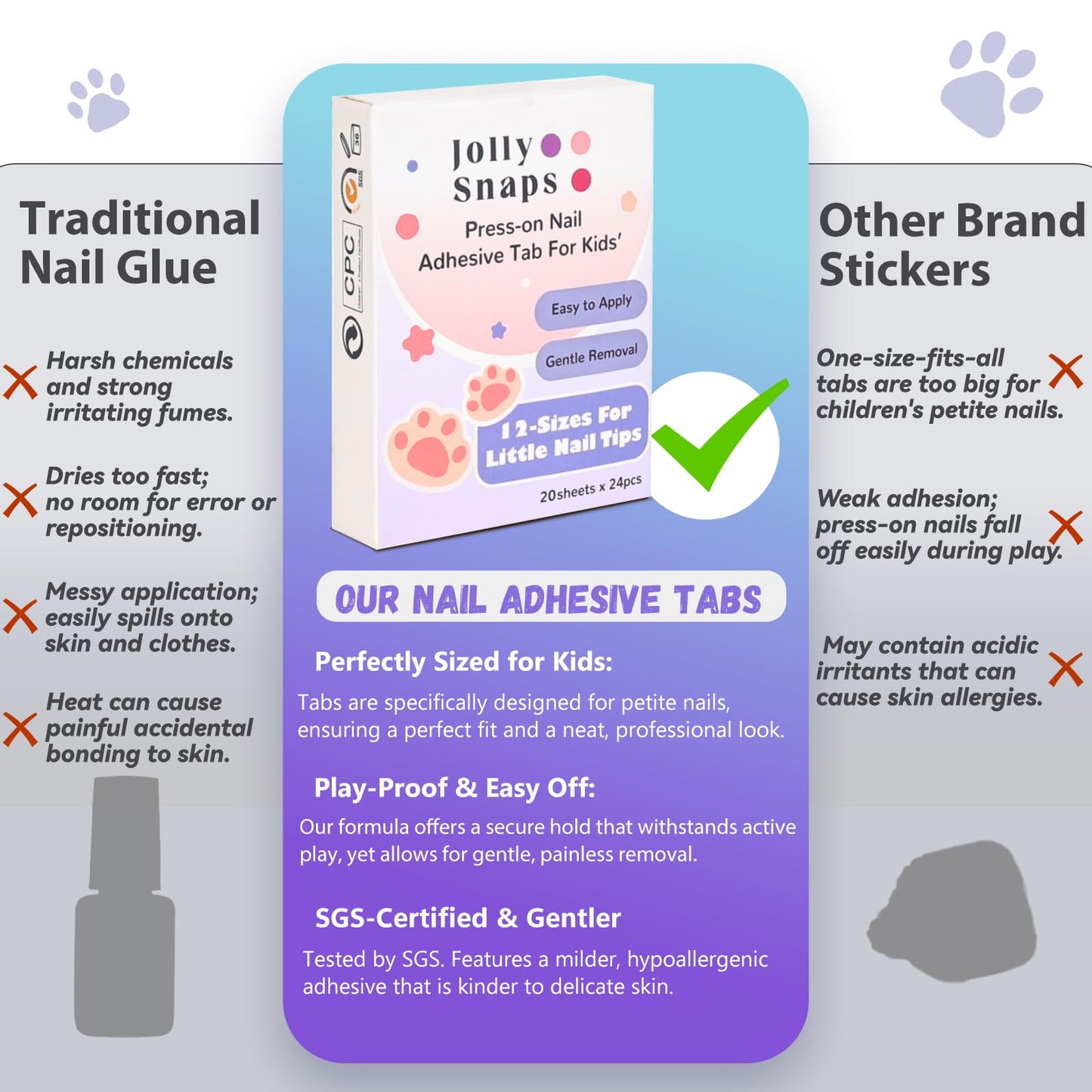 Jolly Snaps XS Non-Toxic Nail Adhesive Tabs for Kids | 480 PCS Extra Strong Sticky Tabs for Press On Nails | Ultra Thin & Easy to Use | 20 Sheets Nail Glue Tabs