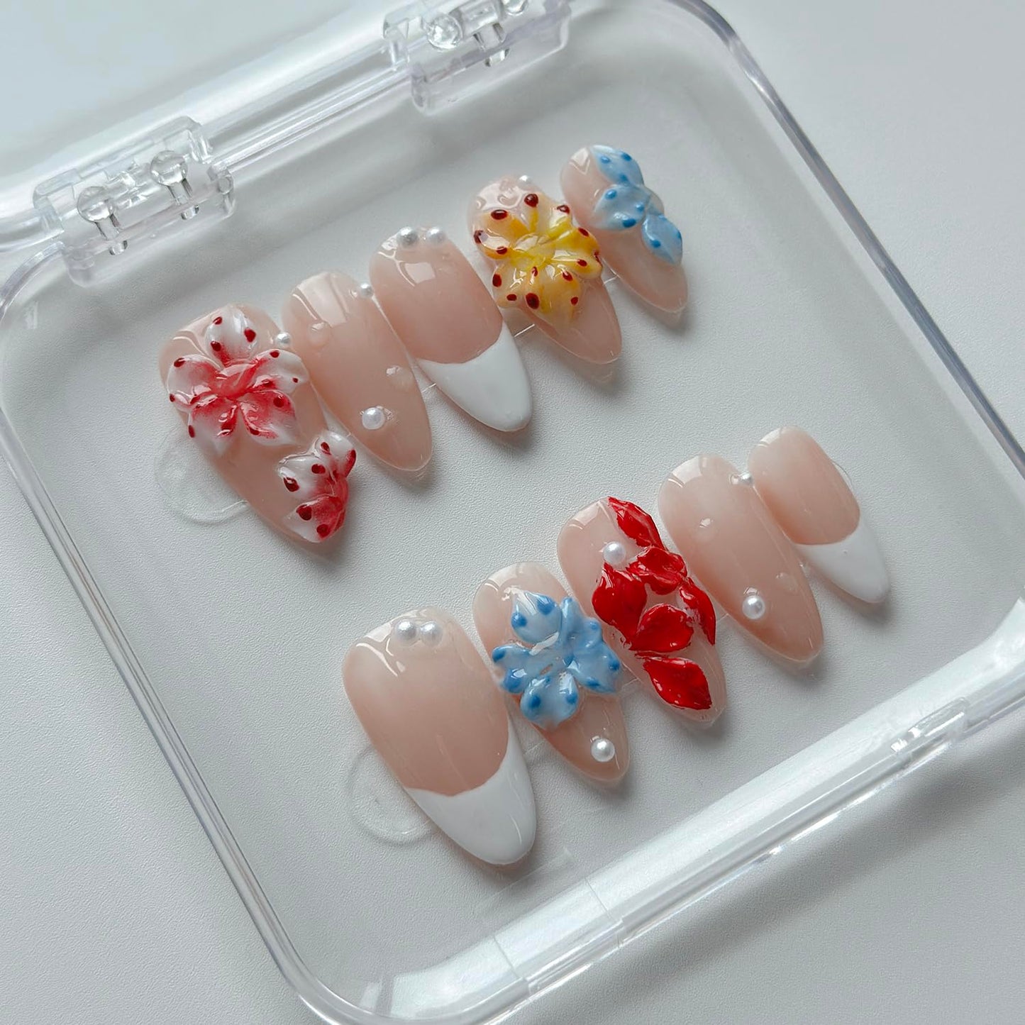 Luxury Press on Nails Medium Almond Handmade 3D Unique Reusable ABS Material Fake Nails White French Tip False Nails with Designs Polka Dots Pearls Flower Glossy Glue on Nail Thick Acrylic Nail(S)
