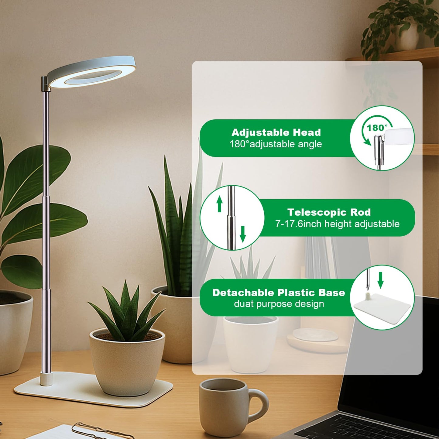 WeeLeeGoo 2 Pack Grow Light with Base, 6000K White Full Spectrum Growing Light Lamp for Indoor Small Mini Micro Green Pot Plants, 5-Level Dimmable, Auto Timer 4/8/12/18 Hrs