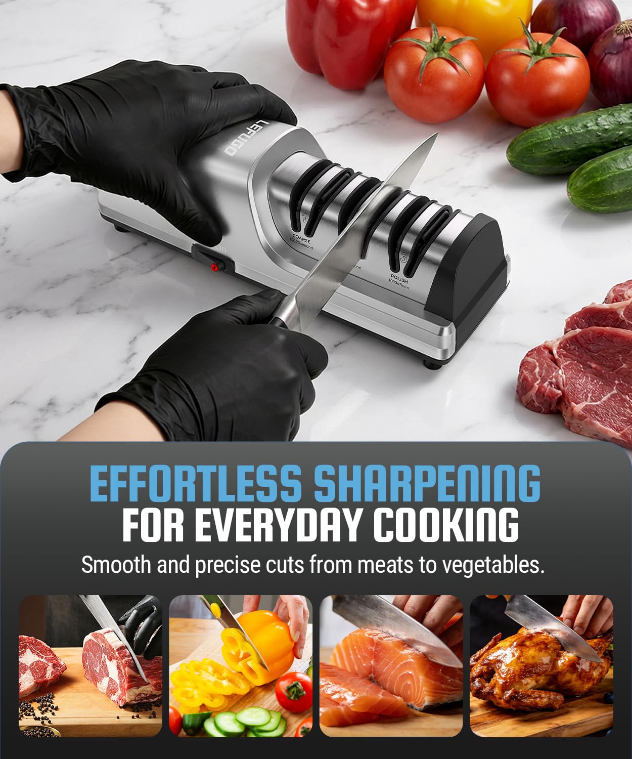 LEFUGO Electric Knife Sharpener for Kitchen Knives, Detachable Sharpening Head, 3-Stage Knife Sharpener Electric, 100% Diamond Abrasive, 15-Degree Precision Angle, Fast Sharpening, Polish (Silver)