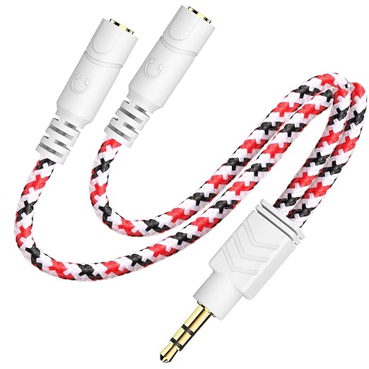 DUKABEL Headphone Splitter, 3.5mm Splitter Cable for Headset [Fine Braided & Gold Plated] Stereo Audio Y Cable AUX Splitter - Compatible for iOS, Android, Smartphones, Tablets & More - (0.85ft/26cm)