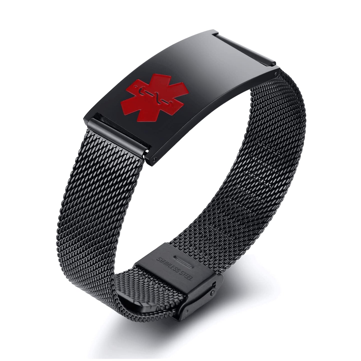 VNOX Width Medical Alert Bracelets for Men with Free Engraving Adjustable Stainless Steel Mesh Emergency Medical ID Bracelets Wristband,Black