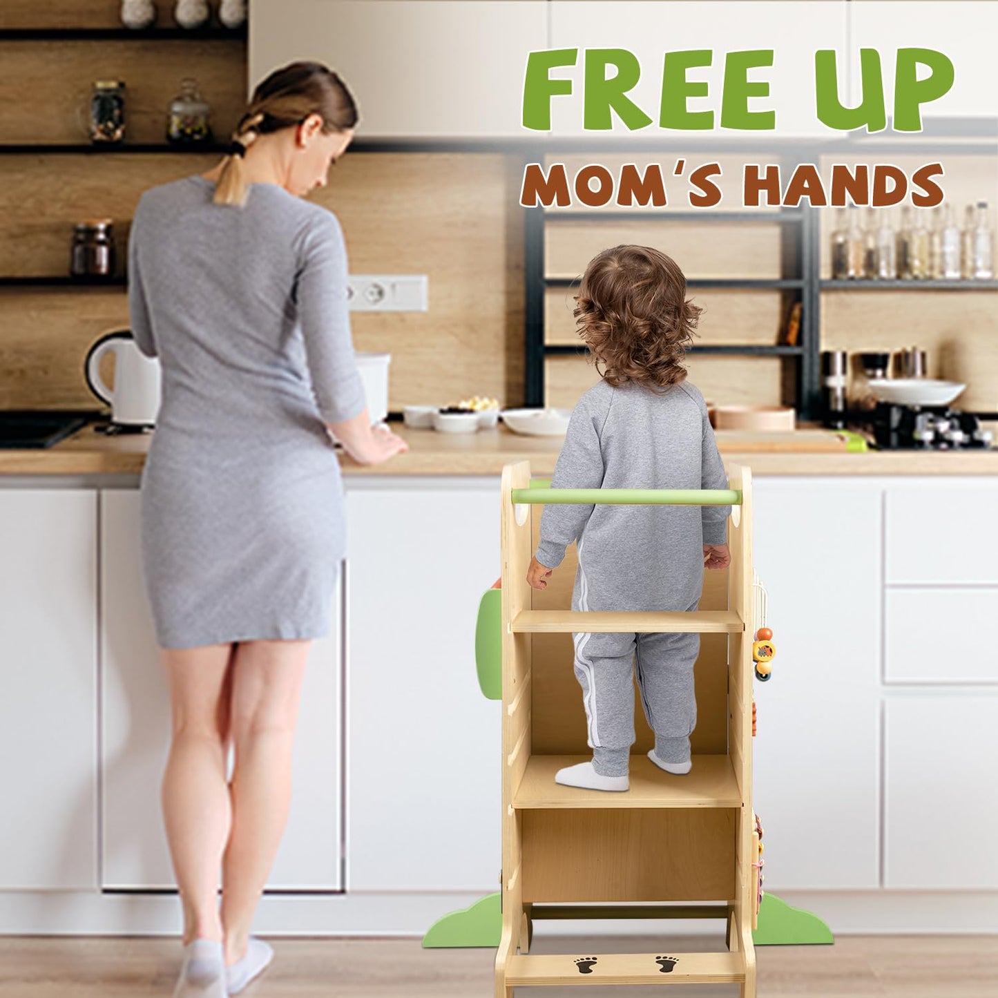 aiwo Toddler Tower Kitchen Step Stool, 3 Adjustable Height Standing Tower for Kitchen Counter, Chalkboard & Montessori Learning Activities