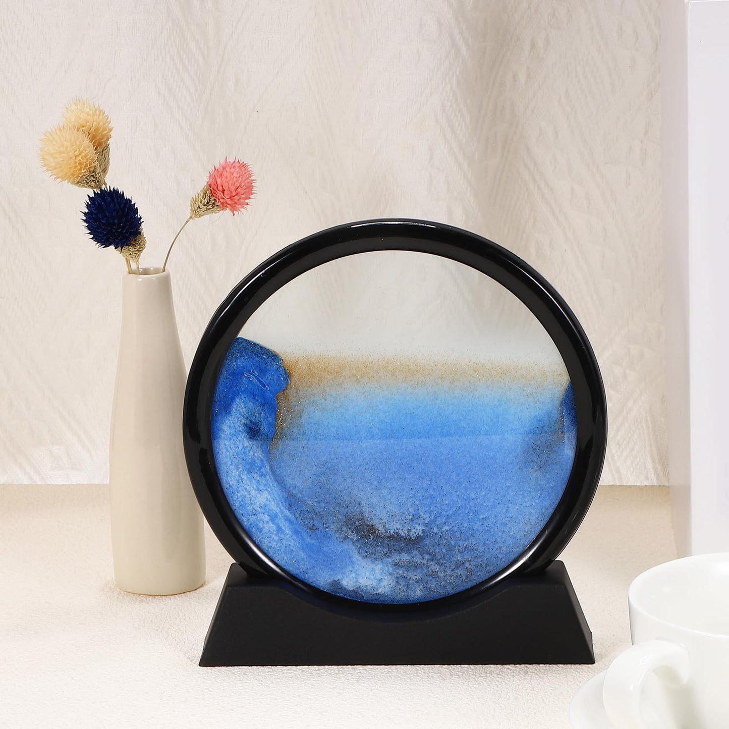 HEARTOOL Moving Sand Art Picture 7" Round Tempered Glass 3D Liquid Motion Deep Sea Flowing Sand Scene with Display Frame Perfect for Desktop & Home & Office & Work Decoration (Blue)