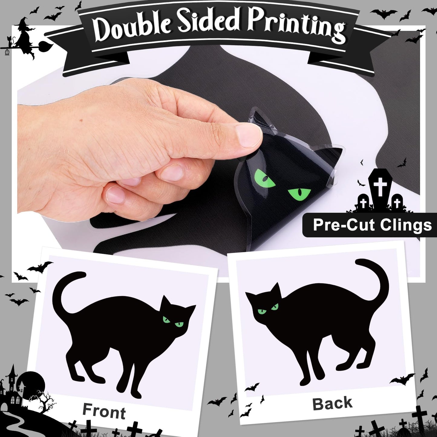 Halloween Window Decals Black Cat Bat Witch Silhouette Reusable Waterproof Static Clings for Glass Home Party Decor 35.4 x 6.9 inch