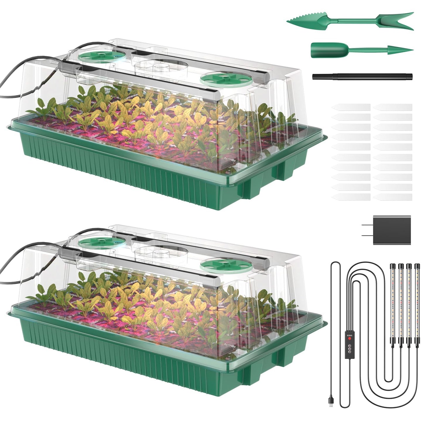 YJXFON Seed Starter Tray, 80-Cells Seedling Starter Trays with Grow Light and Humidity Dome, Reusable Seed Germination Kit for Indoor Gardening Seed Starting (2 Pack, Green Base)