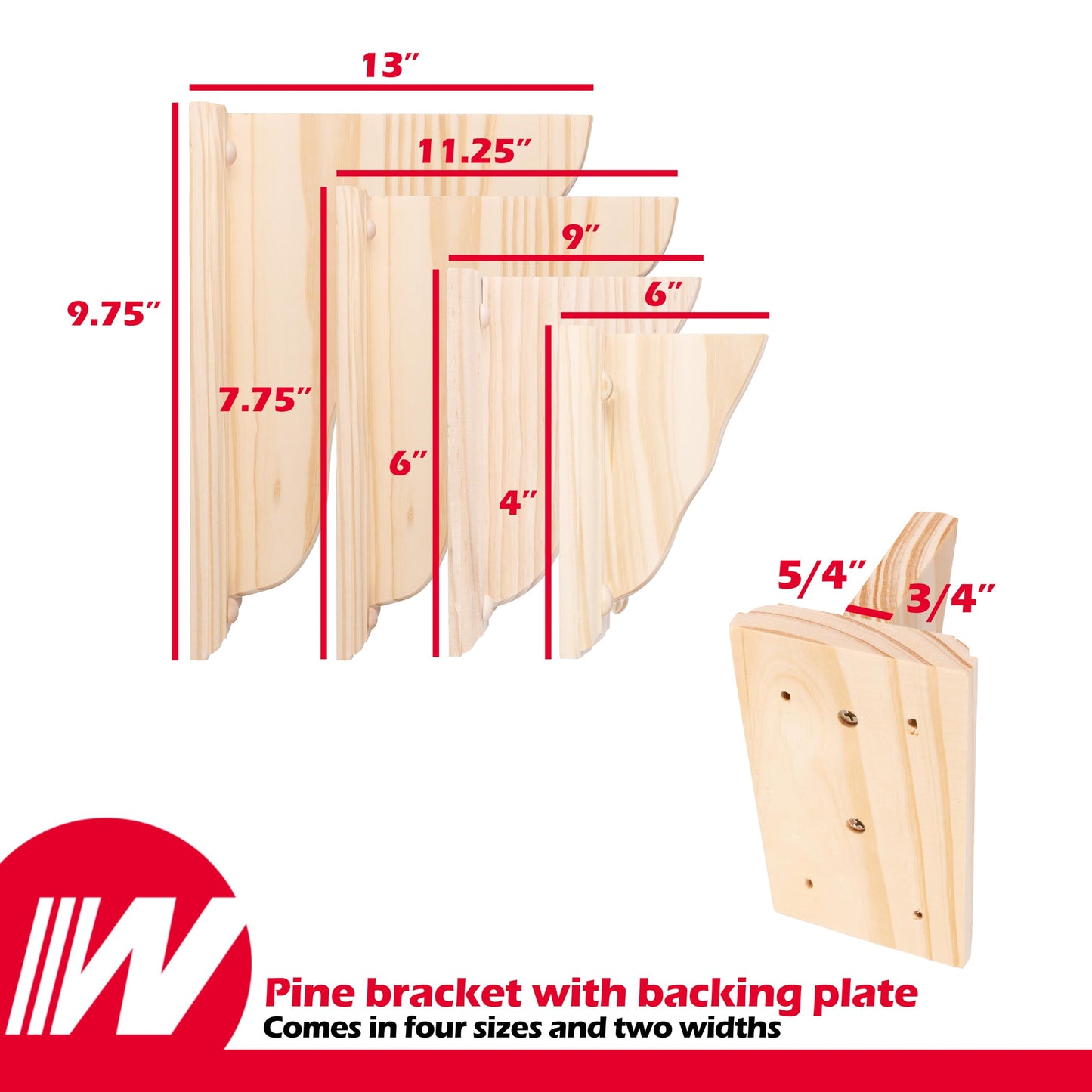 WADDELL Pine Bracket w/Backing Plate (1 Count, 6" x 4" x 1¼") | Unfinished Corbel Includes Mounting Hardware | DIY Home Decor Shelves, Countertops, Fireplace Mantels | Supports up to 5 Lbs. Each