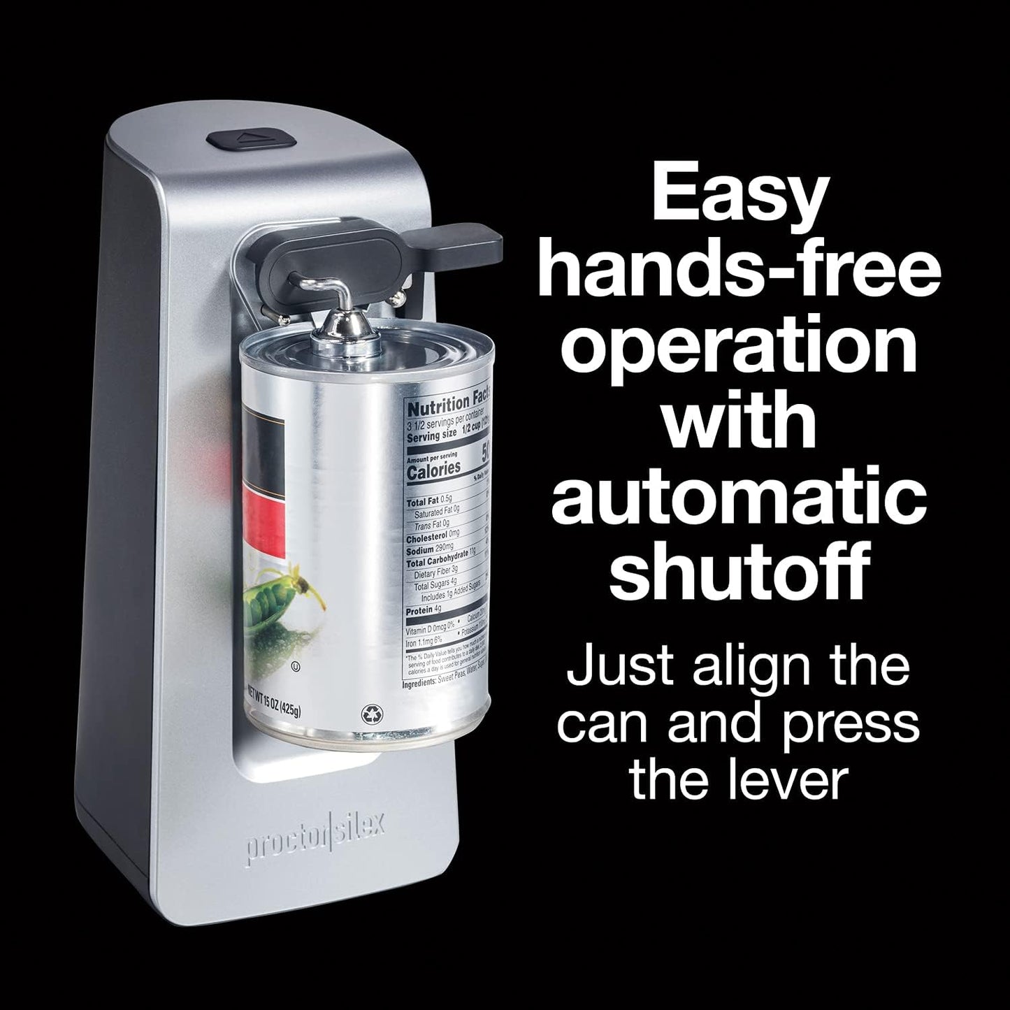 Proctor Silex SureCut Electric Automatic Can Opener for Kitchen with Stainless Steel Blade, Twist-off Easy-Clean Lever, Cord Storage, Extra Tall, Silver (75225)