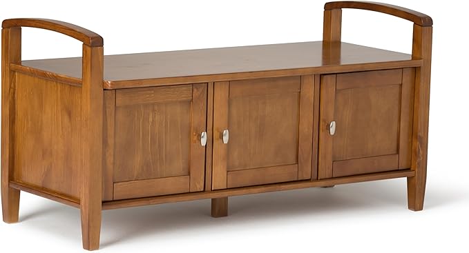 SIMPLIHOME Warm Shaker Entryway Storage Bench - 44 inch Wide Solid Wood Storage Seat in Light Golden Brown, Transitional Bench Seat for Mudroom or Living Room with Lift-Up Lid and Shaker-Style Panels