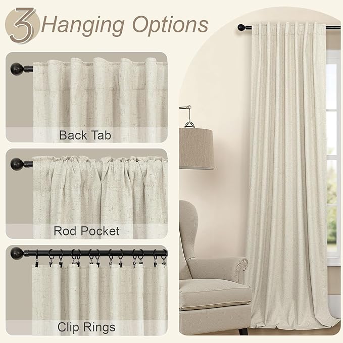 Black Out Curtains 108 Inch Long 2 Panel Set Burlap Primitive Cottage Linen Textured Total Blackout Patio Door Curtain for Living Room Darkening Soundproof Curtains for Bedroom 9ft Back Tab Tan Beige