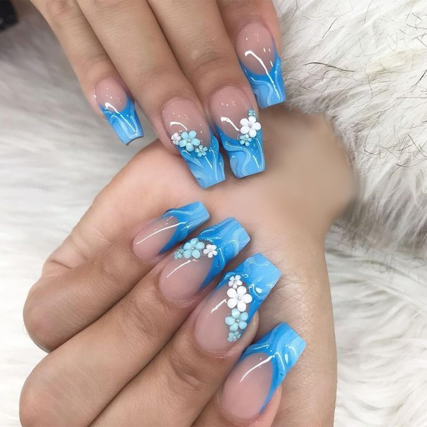 IMSOHOT Long Coffin Press on Nails - Blue Flower | Glossy French Fake Nails Tips Full Cover Gel Acrylic Glue on False Nails