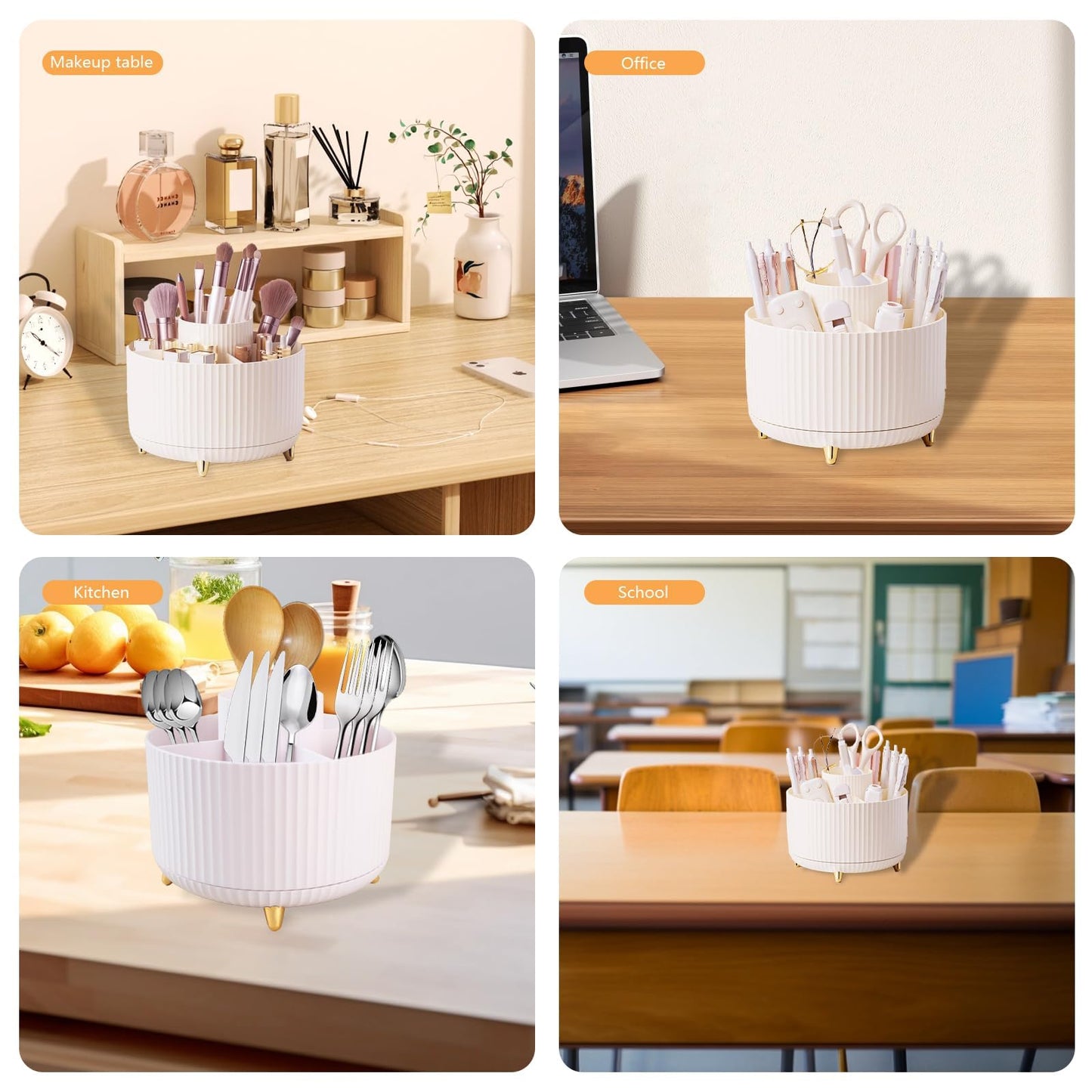 Desk Organizer Pen Holder, 5 Slots 360-Degree Spinning Pencil Organizers, Pencil Cups Desktop Storage Stationery Supplies for Office School Home,White