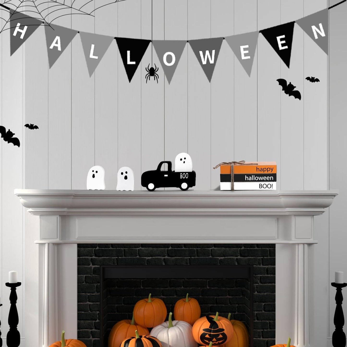 Halloween Decorations 7PCS Table Centerpieces, Cute Tabletop Halloween Decor for Tiered Tray Shelf Mantel Fire Place Office Desk Rustic Farmhouse Wood Faux Book Stack and Spooky Ghosts Sign