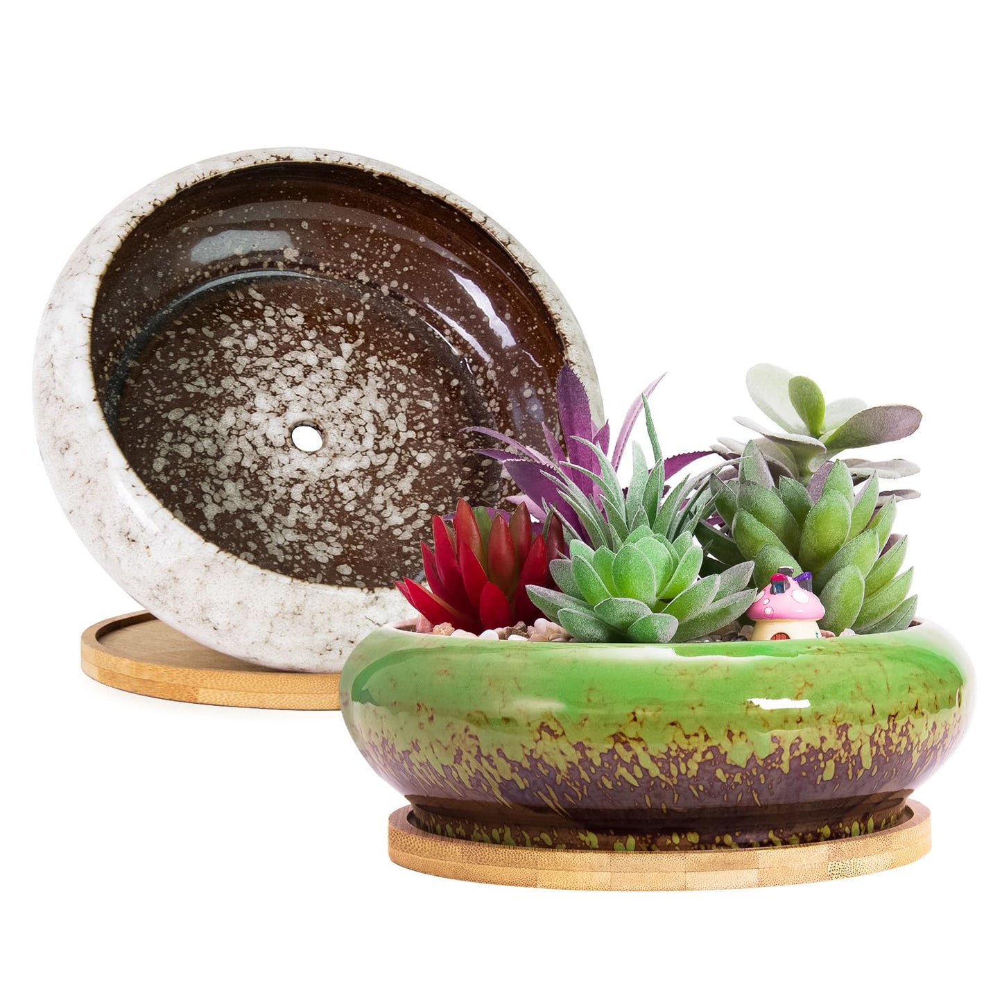 ARTKETTY Succulent Pots with Drainage, 2 Pack Large Succulent Planters Ceramic Bonsai Pot with Trays, 7.3 Inch Round Shallow Planters for Indoor Cactus Flower Plants