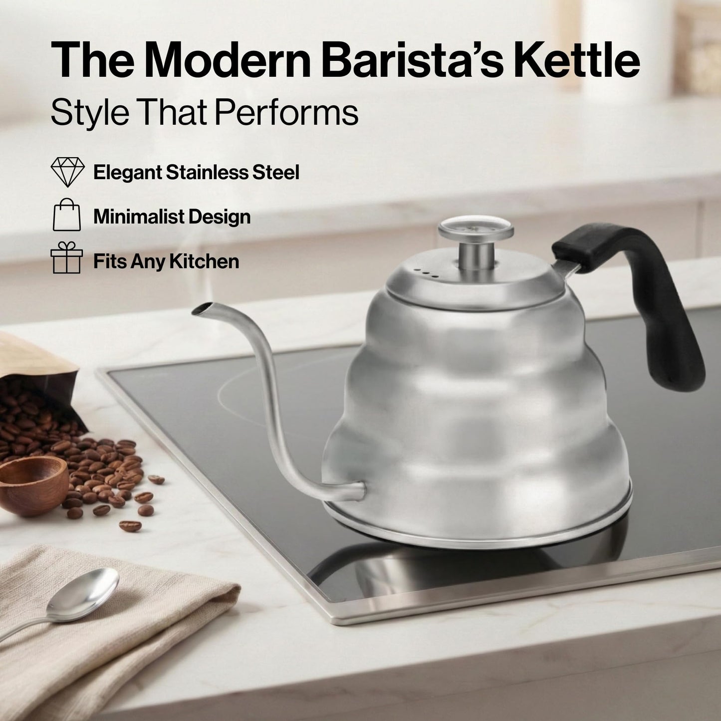 Barista Warrior Gooseneck Kettle with Thermometer - 1L Pour Over Coffee & Tea Kettle, 18/8 Stainless Steel Gooseneck Kettle Pot, Precision Pour Drip Spout, Suitable for All-Stoves (34 fl oz)