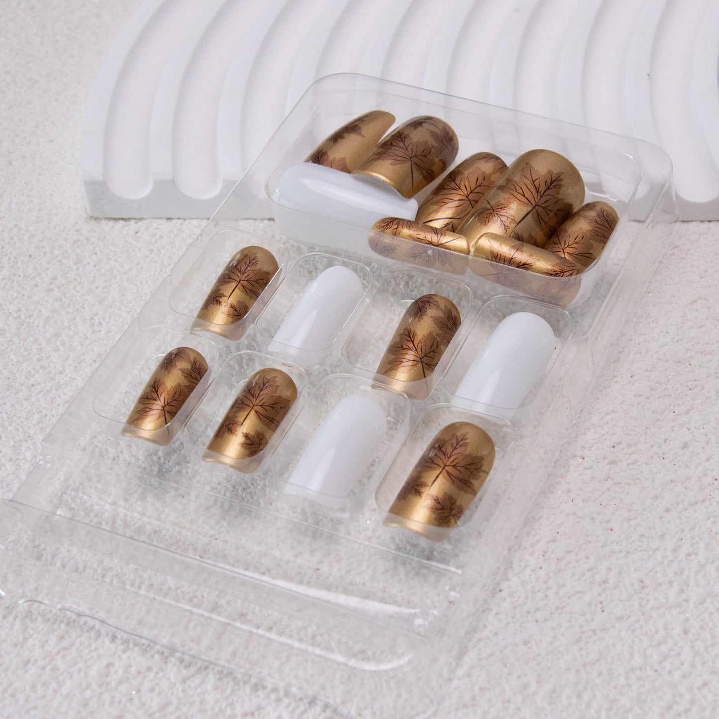 Gold Press on Nails Medium Square Fake Nails Leaf Acrylic Nails Fall False Nails Glossy Glue on Nail White Stick on Nail for Women Girls Manicure 24Pcs