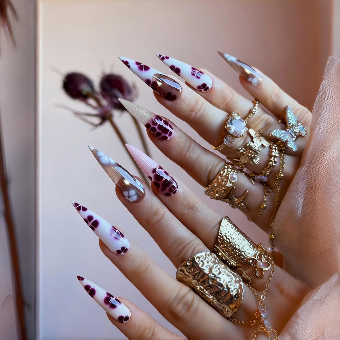 SINHOT Stiletto Press on Nails - Long Fake Nails, Glossy Finish, White Purple Flower & Glitter, Reusable Artificial False Nail Art - 24 Pcs Nail Kit with Glue