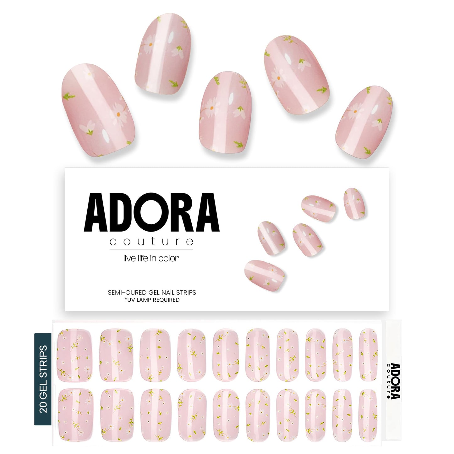 Adora Couture Semi Cured Gel Nail Strips with 20 Pieces - UV Gel Stickers, Manicure Kit, Easy Application Wraps Includes Prep Pads, Nail File, Wooden Stick - UV Light Required (Soft Meadow)