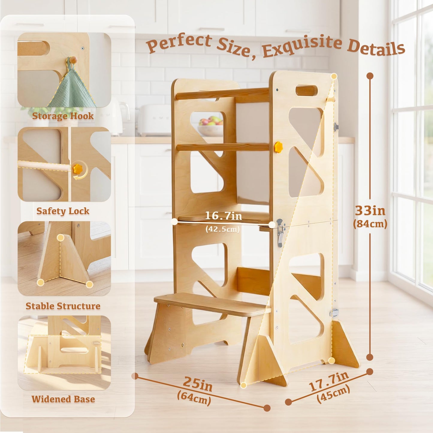 Toddler Kitchen Stool, 4 in 1 Foldable Toddler Tower with Anti-tip Structure, Montessori Learning Standing Tower for Kitchen Counter & Bathroom Sink, Kitchen Stool Helper for Kids 18M+