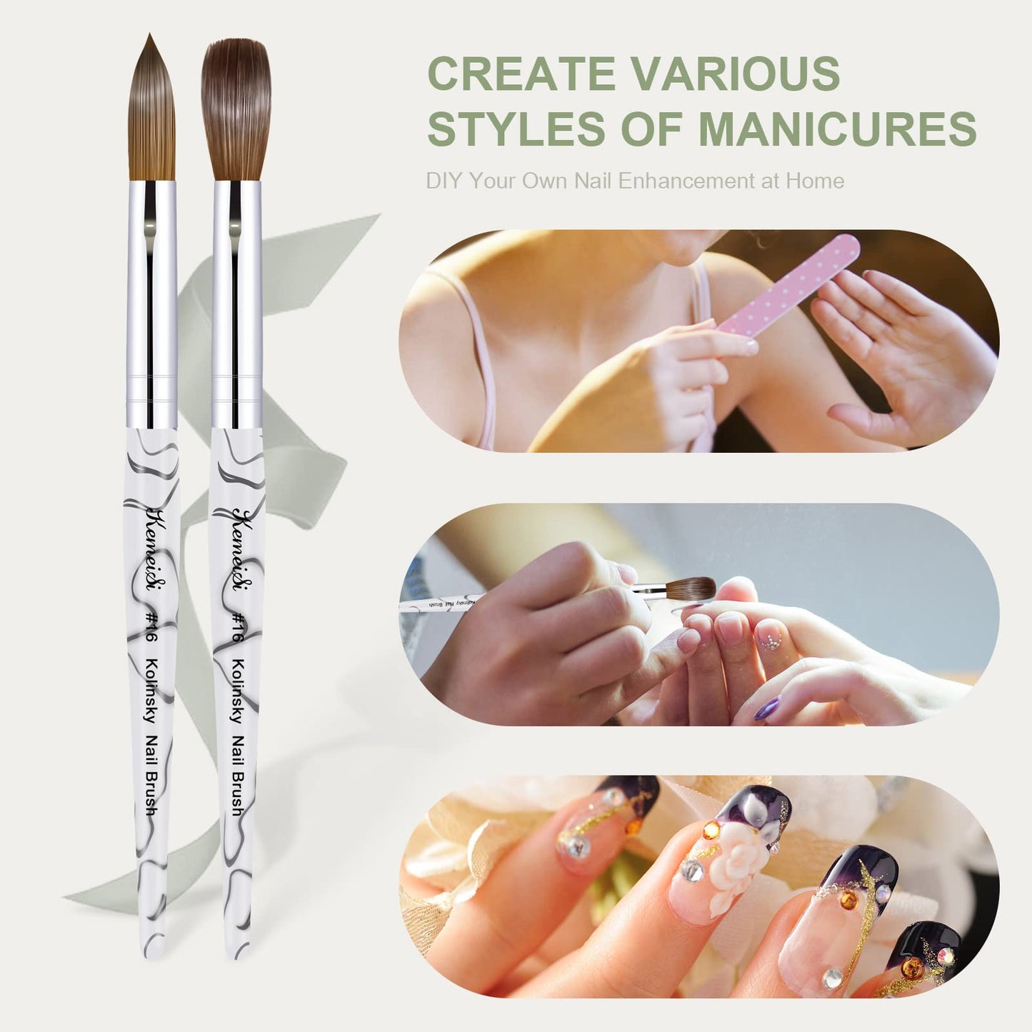 Acrylic Nail Brush Size 16,KEMEISI 100% Pure Kolinsky Nail Art Brushes Sturdy Marble Handle Oval Shaped Acrylic Powder Nail Design Tools for Professional Manicure DIY Home Salon (White)