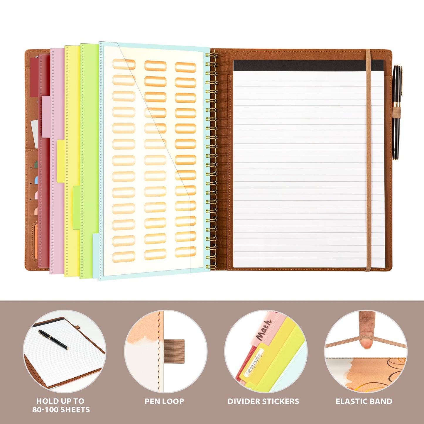 Ospelelf Clipboard with Storage for Men Women, Leather Padfolio Portfolio Organizer 5 Folders with 10 Pockets, Spiral Clipboard Folio with Notepad for Letter Size, Elastic Closure and Pen Loop Brown