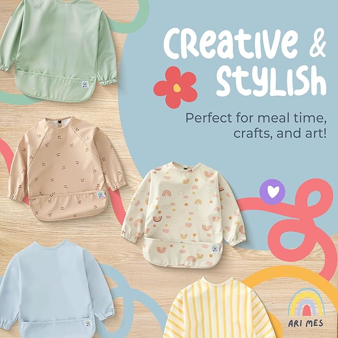 ARI MES Long Sleeves Waterproof Baby Bibs for Eating - Pink Stripes, Small - Wearable, Coverall for Toddler, Long Sleeve Bib, Smock Apron for Feeding - Applicable for 6-72 Months