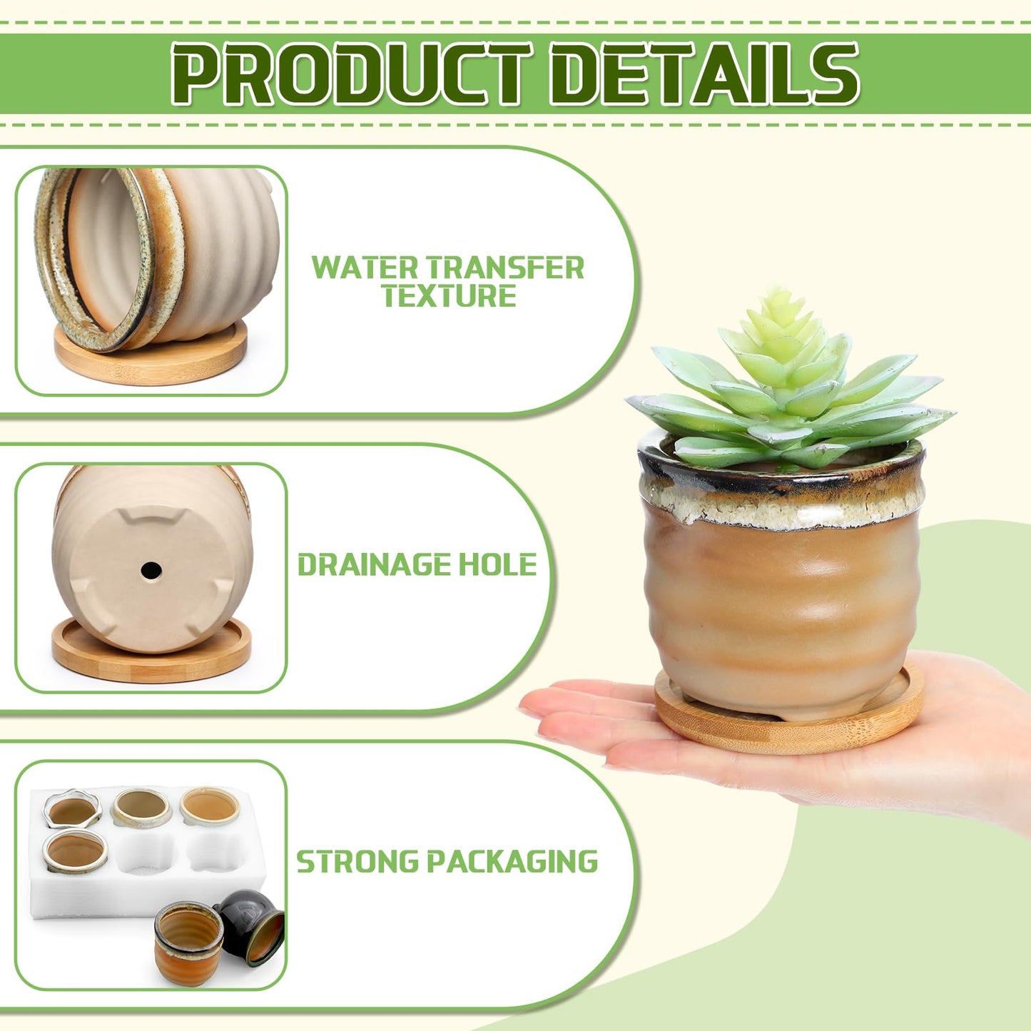 Remerry 6 Pcs Small Succulent Pots Bulk with Drainage Assorted 3.5 Inch Mini Ceramic Succulent Planters Pot with Coaster Bamboo Plant Tray Planting Pots for Home Office Garden