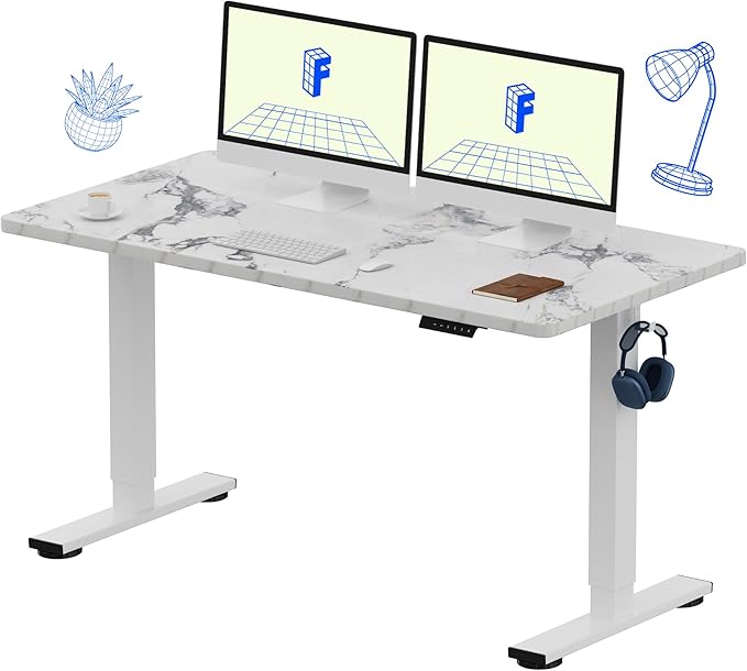 FLEXISPOT EN1 One-Piece Standing Desk 55 x 28 Inches Stand Up Desk Workstation Home Office Computer Height Adjustable Desk (White Frame + Marble Gray Top, 2 Packages)