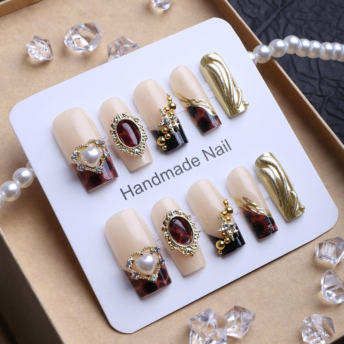 plalely Press on Nails French Tip, Handmade Acrylic Press on French Tip Nails with Flower Designs，Long Square Nail Press Ons for Women 24pcs