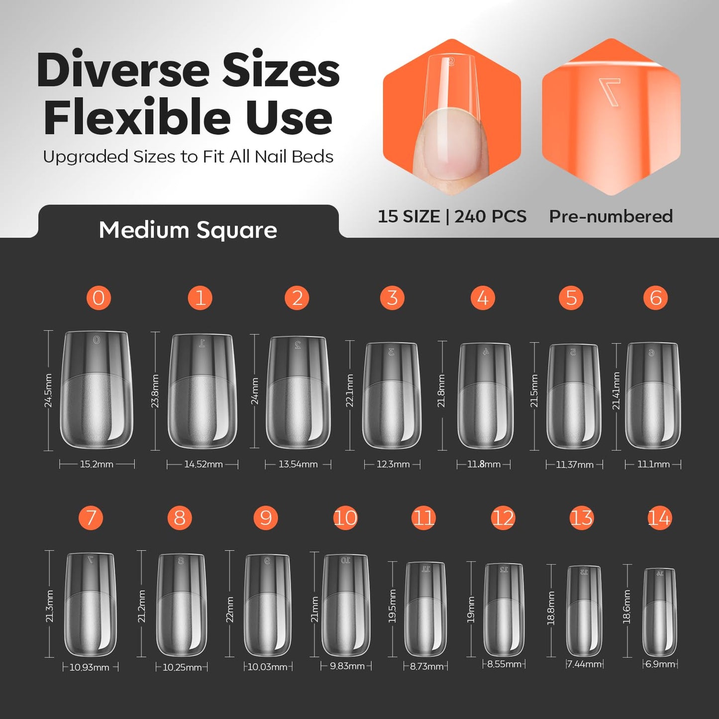 modelones X Nail Gel Kit Square, 15Sizes False Nail Tips Instant Apex Solid Glue & Mini LED Light, Medium Square Pre-Building Thick Acrylic Press on Tips U/V Lamp Extension Kit Women Gift 240Pcs