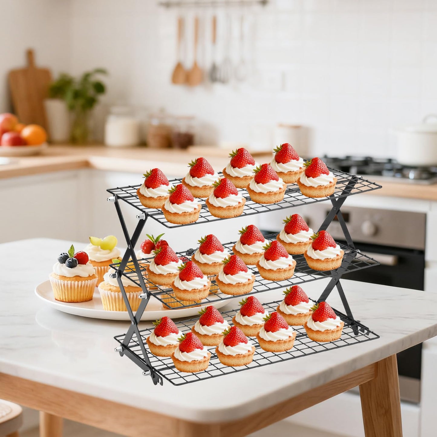 3-Tier Stackable Cooling Rack for Baking, Collapsible Wire Cookie Rack with Adjustable Heights, Non-Stick Roasting & Drying Rack for Cupcakes, Pies and Pastries, Space-Saving Kitchen Essential