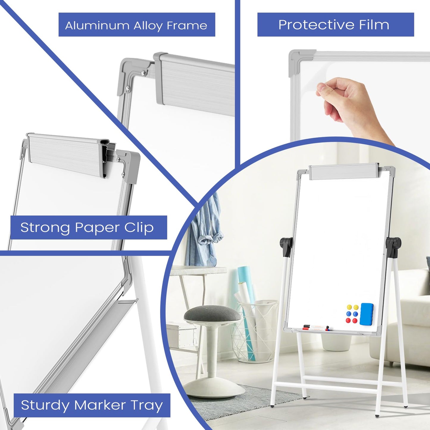 Lumspax Large Double Sided White Board with Stands, 36" x 24" A-Stand Dry Erase Easel, Portable Flip Chart Easel with Height Adjustable Design for Home, School, Office