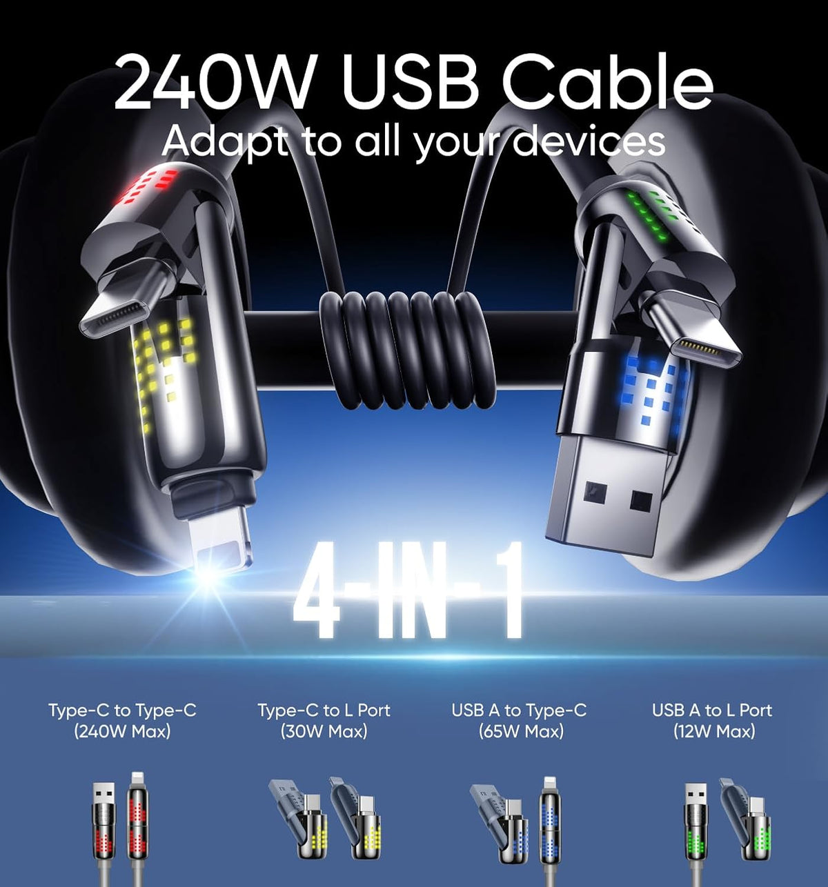 MAGIC JOHN 240W 4 in 1 Charging Cable, 6.6FT USB C to Lightning Cable [MFi Certified], Multi Chargers for All Devices, Chubby USB A/C to C/Lightning with Light for iPhone/MacBook/iPad/Samsung/Switch 2