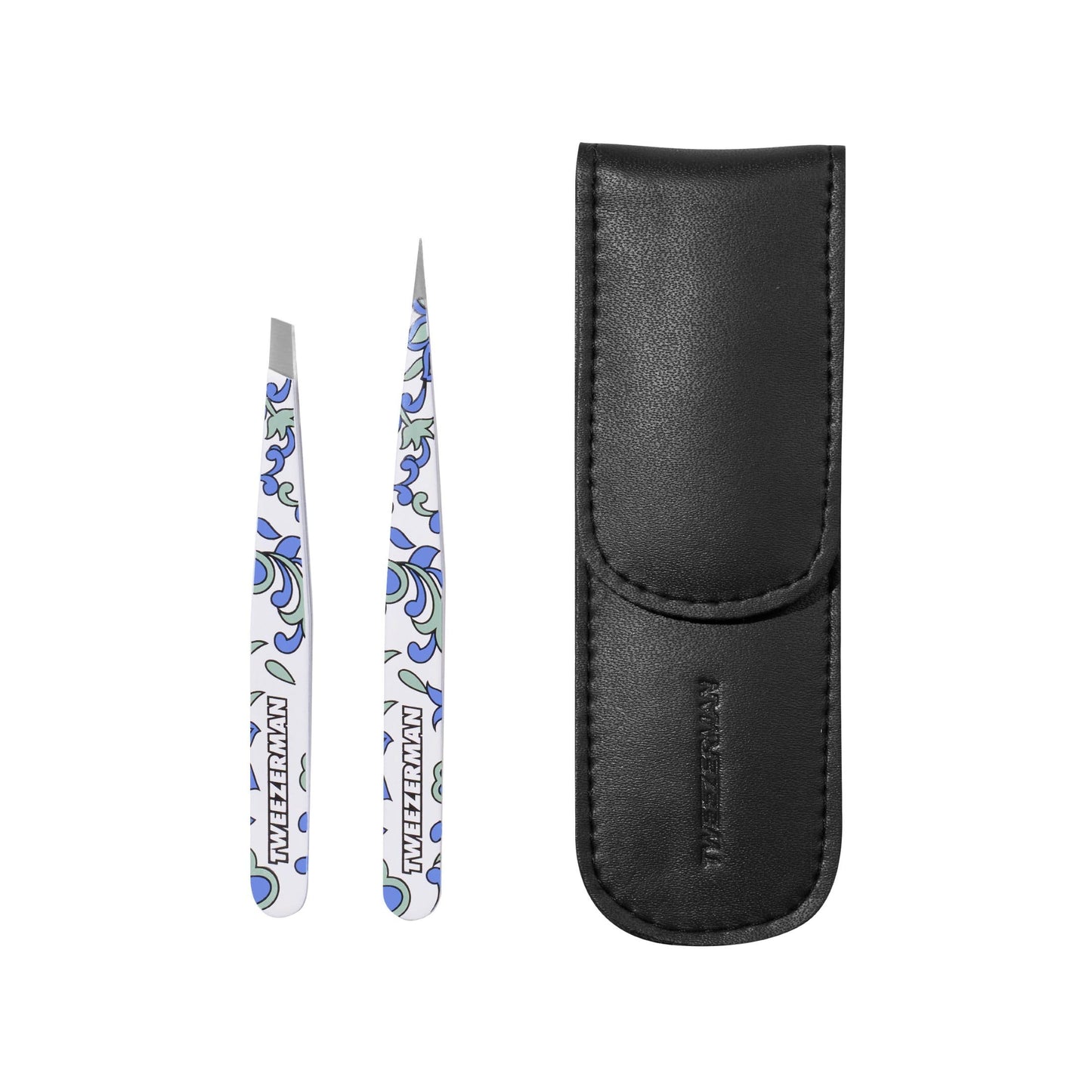 Tweezerman Paisley Petite Point and Slant Tweezer Set with Travel Case - Eyebrows for Women and Men