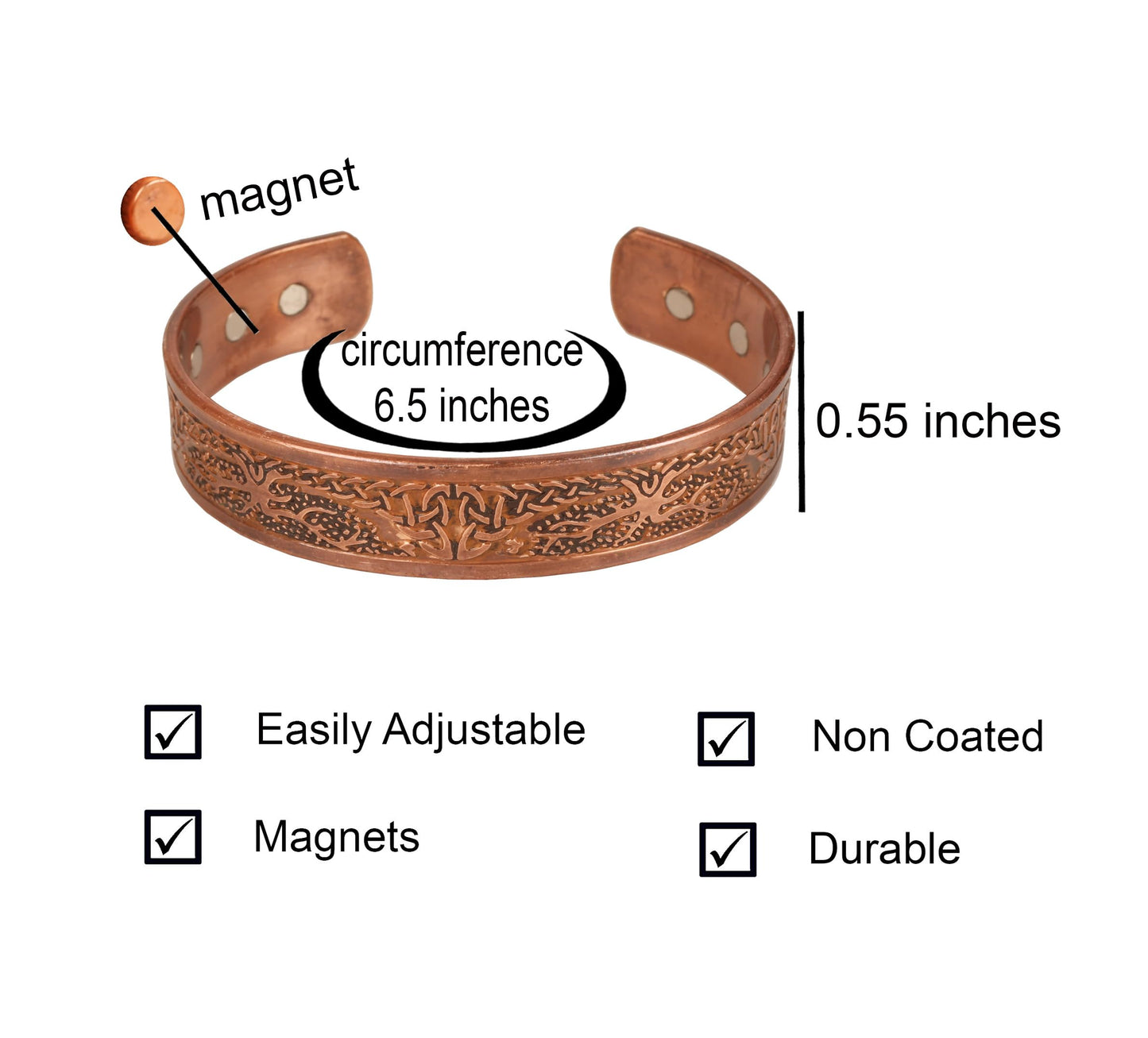 Touchstone handcrafted magnetic copper bracelet. Hand forged with solid and high gauge Tibetan style engraved cuff pure copper jewelry for women men. Awesome Celtic Design.