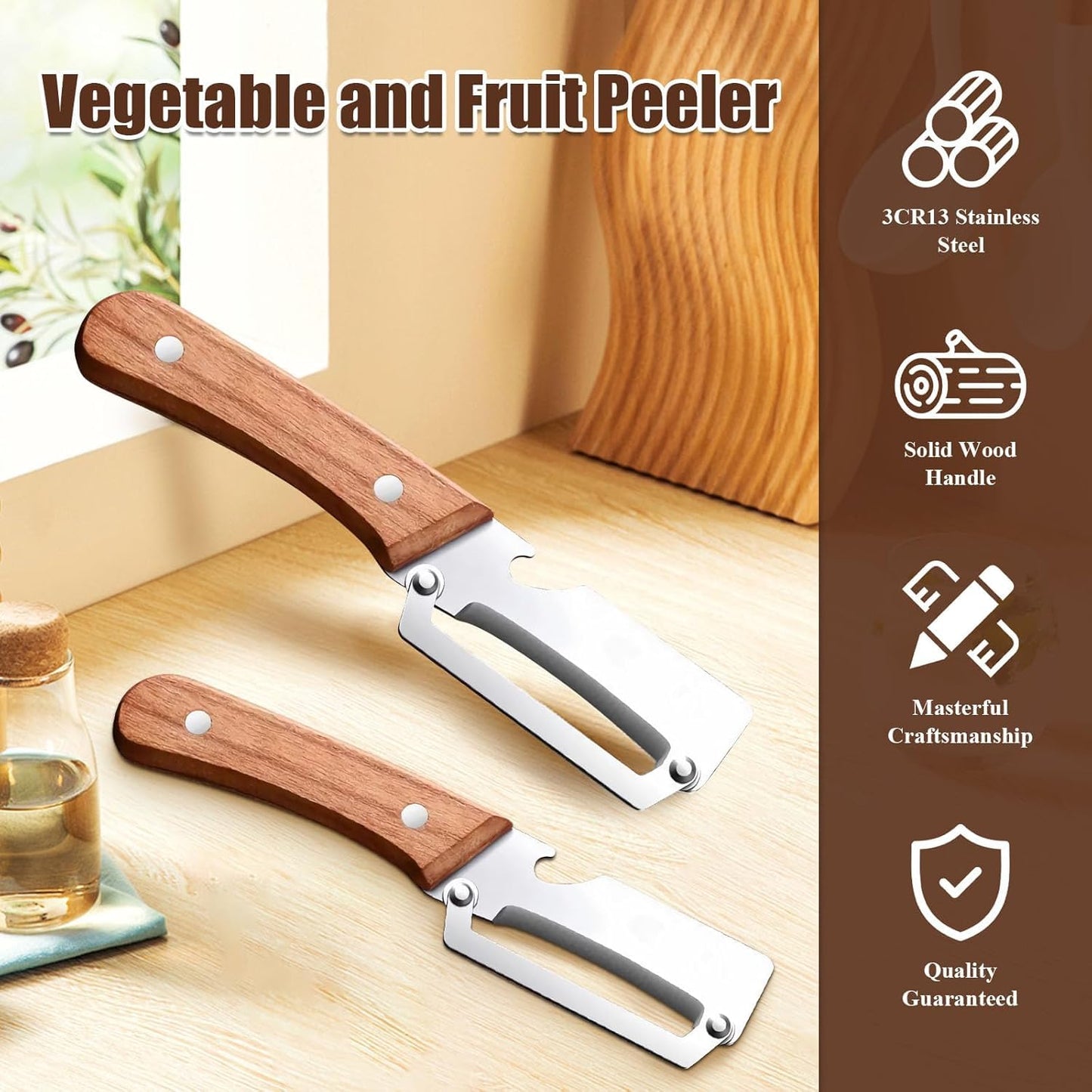 2-in-1 Multifunctional Vegetable Peeler for Kitchen Stainless Steel Fruit Peeler with Wooden Handle and Bottle Opener, Effortless Peeling for Apple, Potato, Pumpkin, Papaya(2pcs)