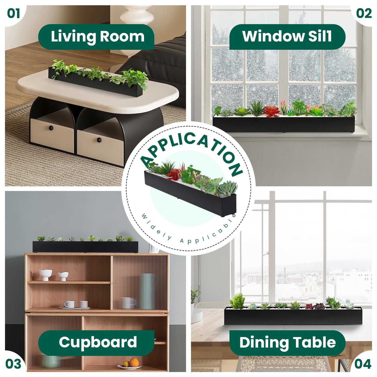 GZGNEEVL Trough Rectangle Planter Window Sill Planter Box Long Window Planters Modern Galvanized Steel Succulent Planter Black Metal Windowsill Pot 32 in for Indoor Plants Herb Table Home Outdoor