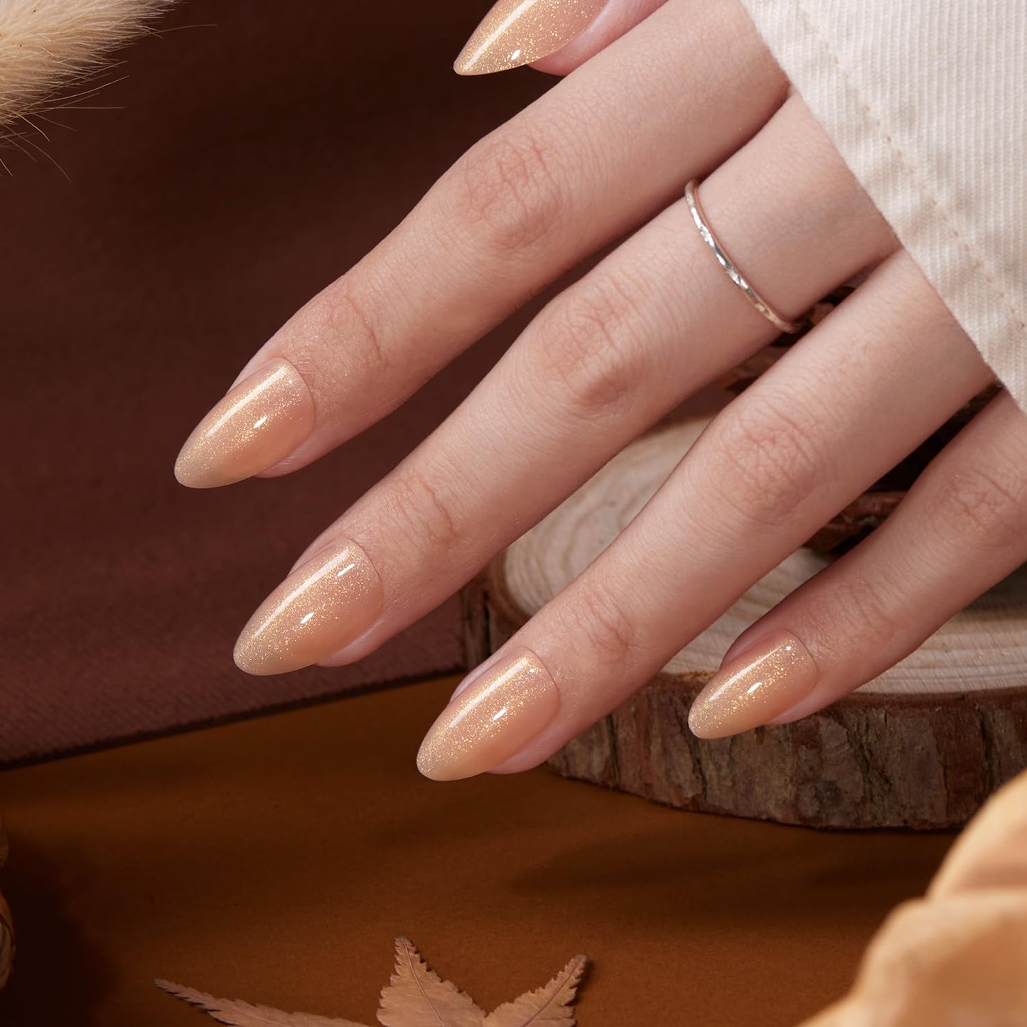 VSALON Short Almond, Gold Nude Shimmer Sparkly Press On Nails Fake Nails & UV Glue for Press On Nails