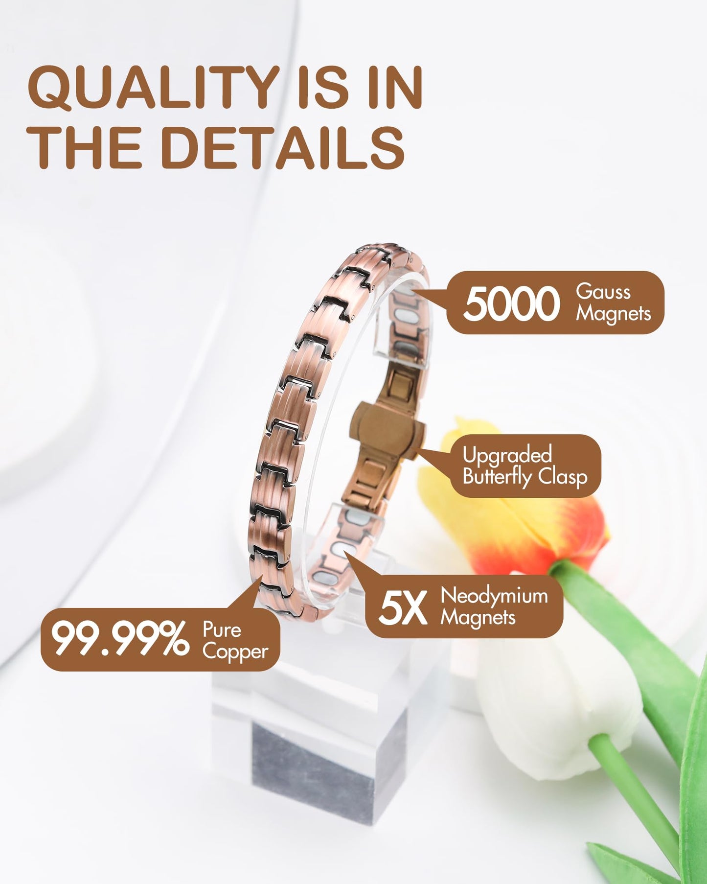 Feraco Pure Copper Bracelets for Women, 5X Ultra Strength Magnetic Bracelet with 5000 Gauss Neodymium Magnets & Upgraded Butterfly Clasp, Adjustable Jewelry Gift (Retro Style)