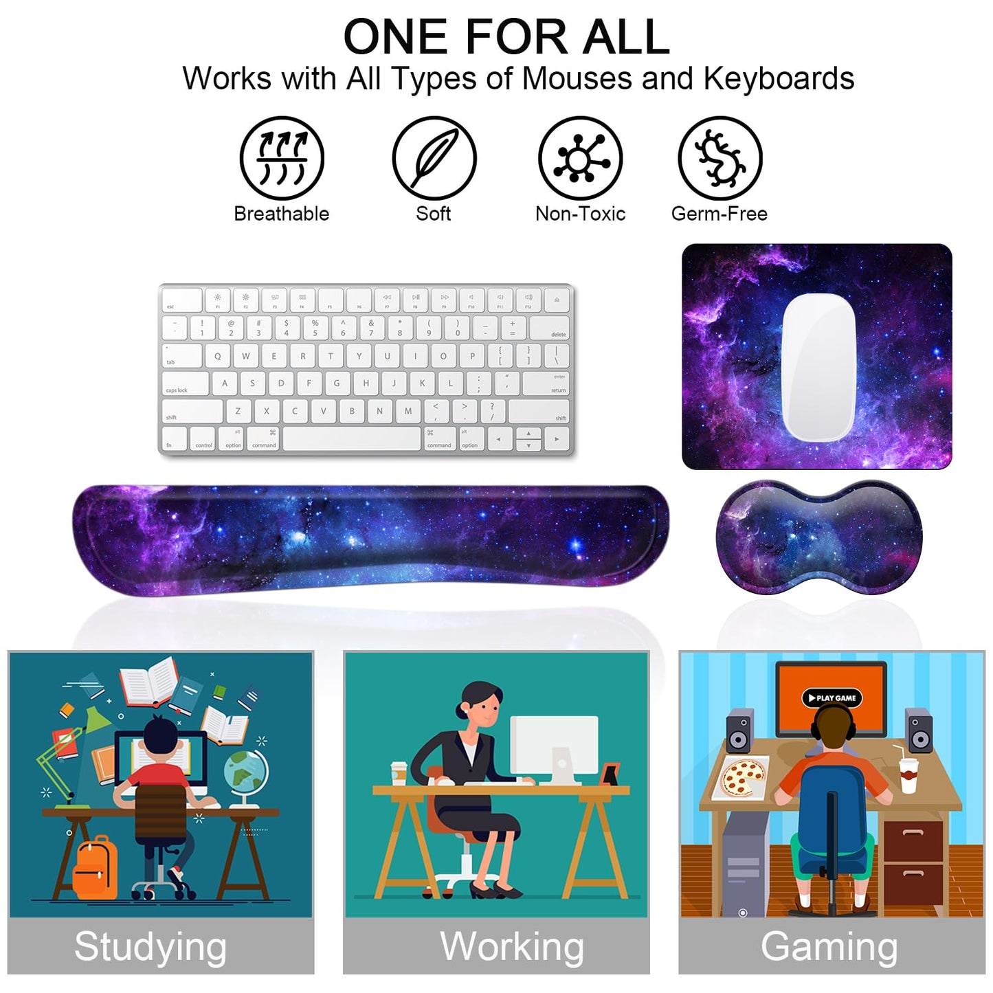 Keyboard Wrist Rest Support + Mouse Pad + Mouse Wrist Rest + Coaster, 4 PCS Set Ergonomic Memory Foam Mousepad with Durable Anti-Slip Rubber Base for Office, Home & Easy Typing Pain Relief, Galaxy