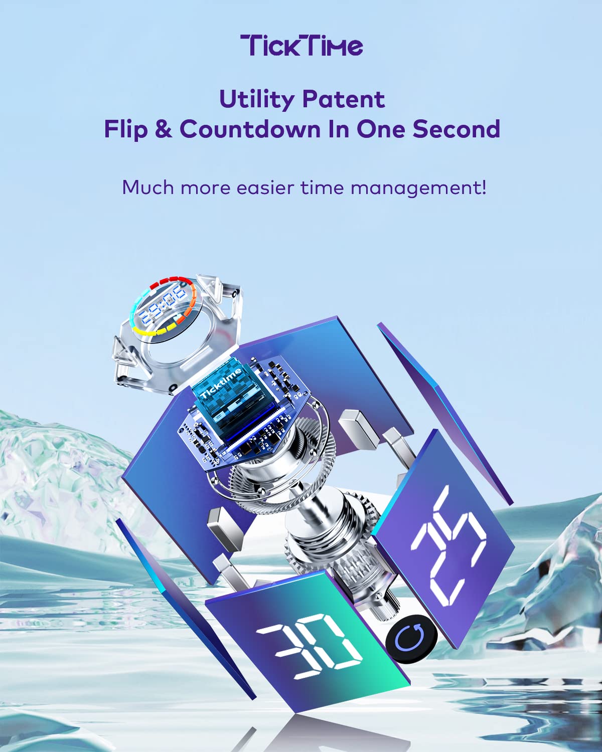 Ticktime Pomodoro Timer, Productivity Timer Cube, 5/15/25/30/45/60 Min Presets, Custom Countdown & Stopwatch 1s–99m59s, Sound/Vibration/Silent, Magnetic, Rechargeable, for ADHD Study Work,Violet