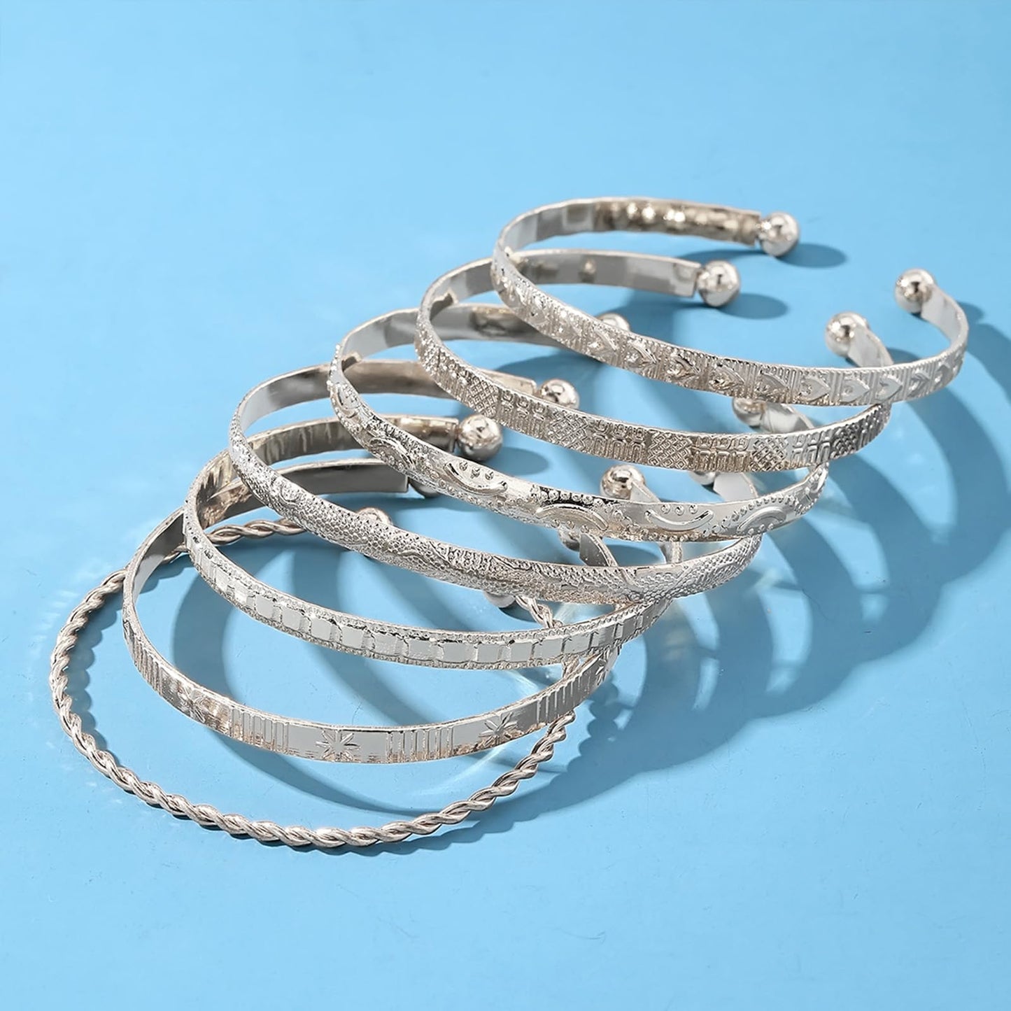 IFKM Silver Bangles Bracelets For Women, Silver Plated Multi Layer Stackable Cuff Bracelet Set, Trendy Elegance Charms Non Tarnish Minimalist Textured Boho Jewelry Gift for Women
