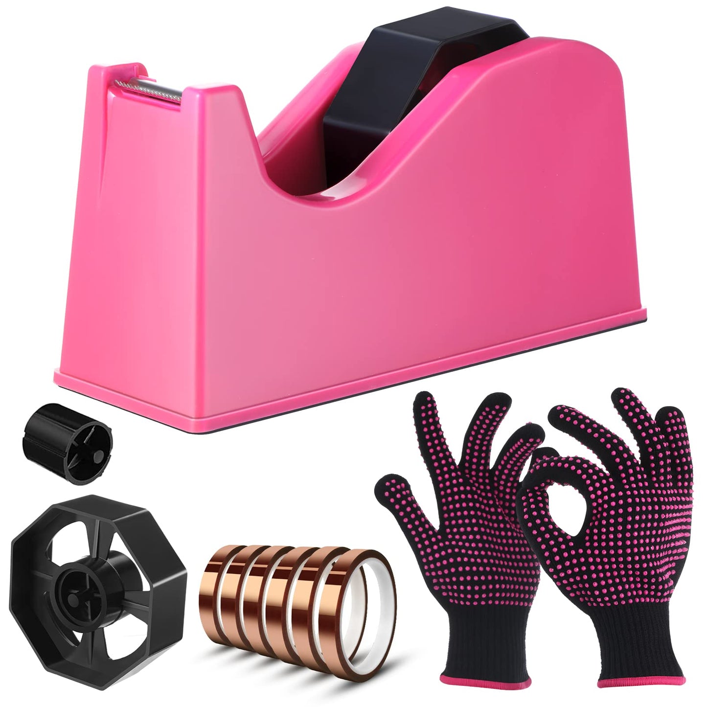 Sabary 9 Pcs Heat Tape Dispenser Set Pink Sublimation Tapes Dispenser Adhesive Roll Holder 2 Heat Press Resistant Gloves with Silicone Bumps 6 Sublimation Thermal Tape for Office Home